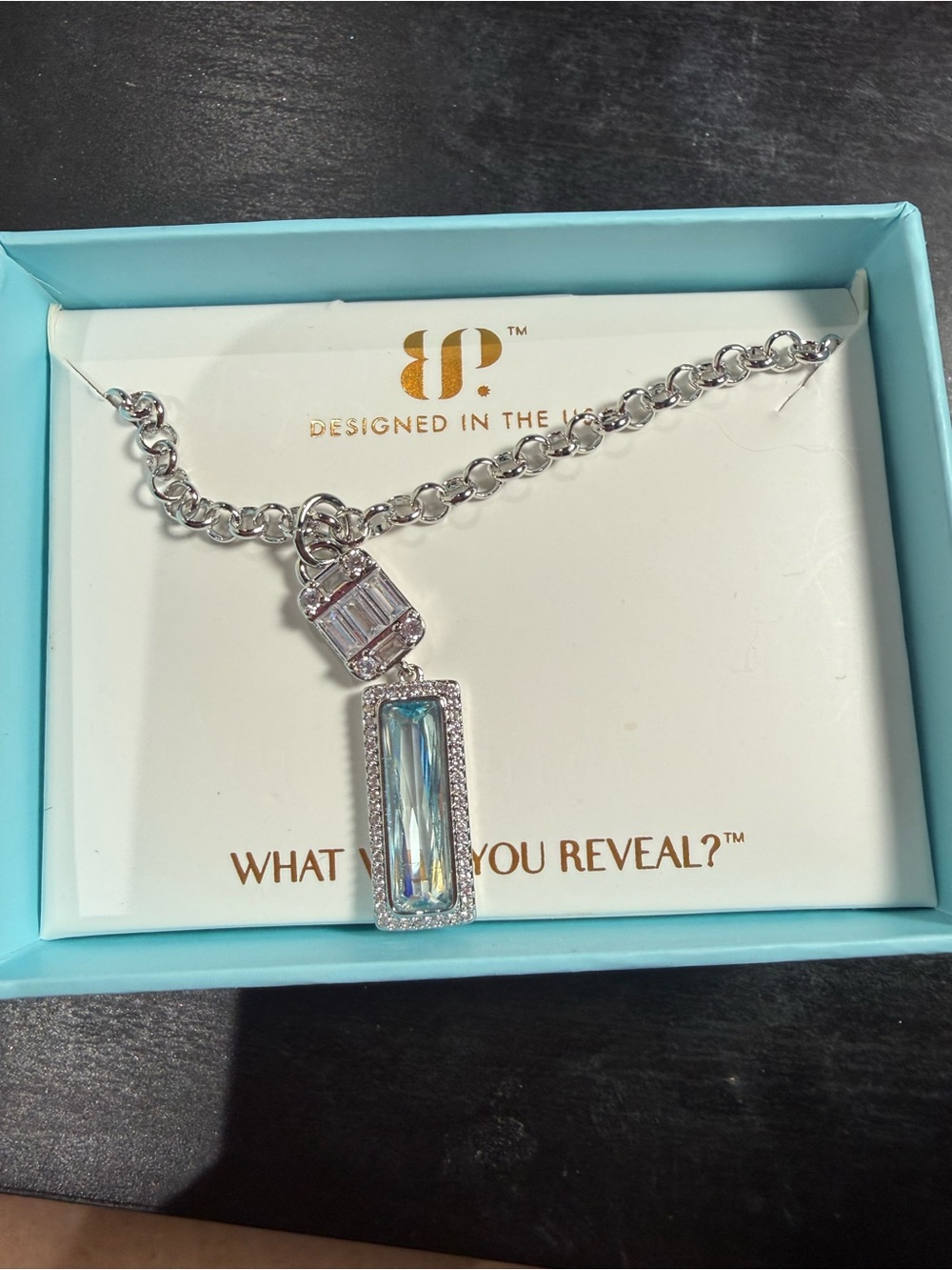 Silver Necklace with Rectangular Blue Crystal Pendant